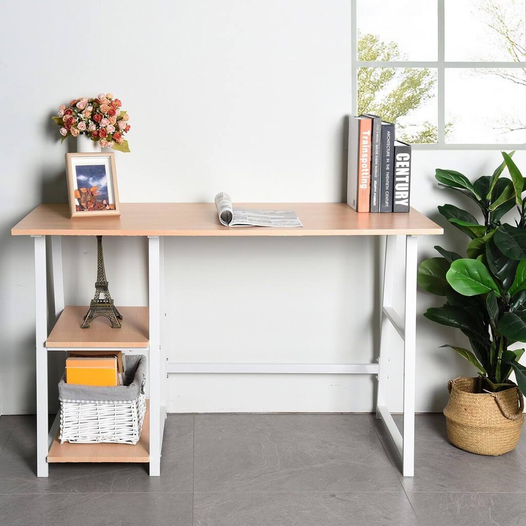 Wooden Desk with 2 Open Side Shelves, Computer Writing Desk
