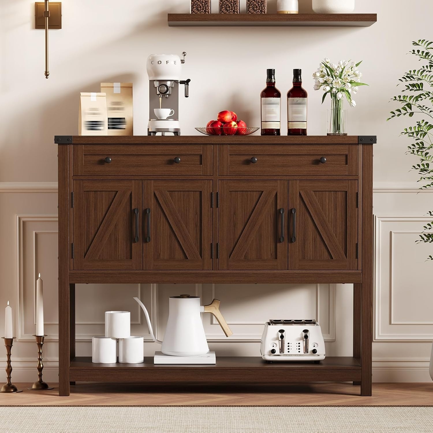 Console Sofa Table Buffet with Drawers, Cabinets & Shelf