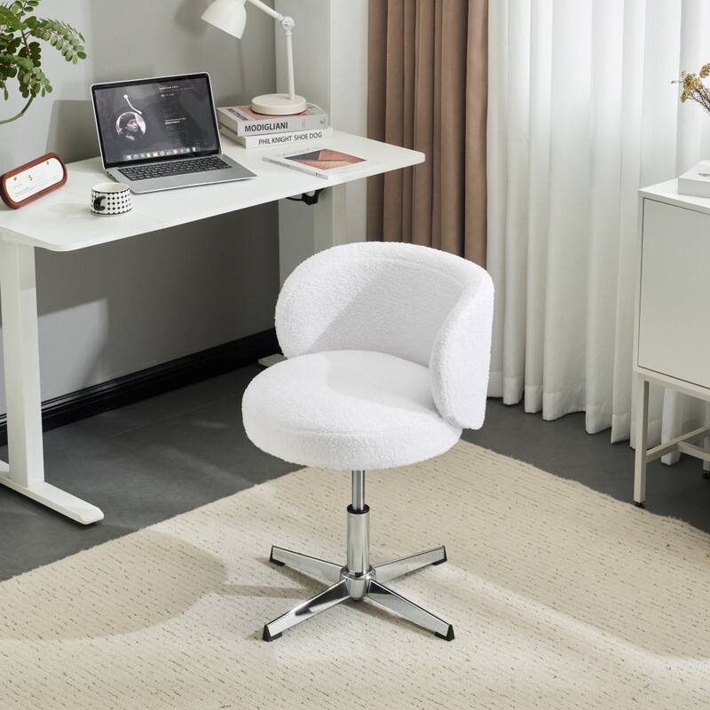 Cute Modern Teddy Swivel Chair Armless Adjustable Height Office Desk Chair with No Wheels and Backrest Support - N/A - White