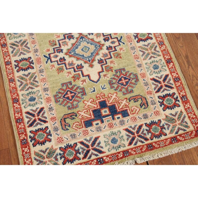 Pistachio Green Geometric Kazak Oriental Rug Hand-Knotted Wool Carpet - 2'1"x 2'10"