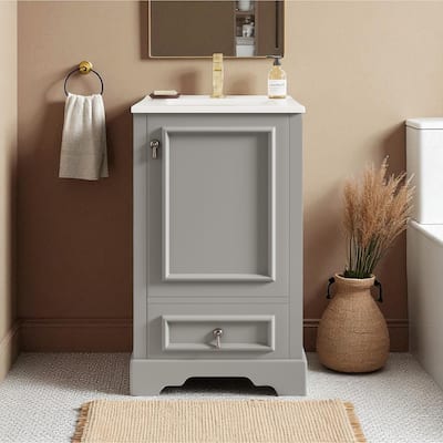 20" Bathroom Vanity with Ceramic Sink, Soft-Close Door, Drawer, Adjustable U-Shaped Shelf, Modern Freestanding Design