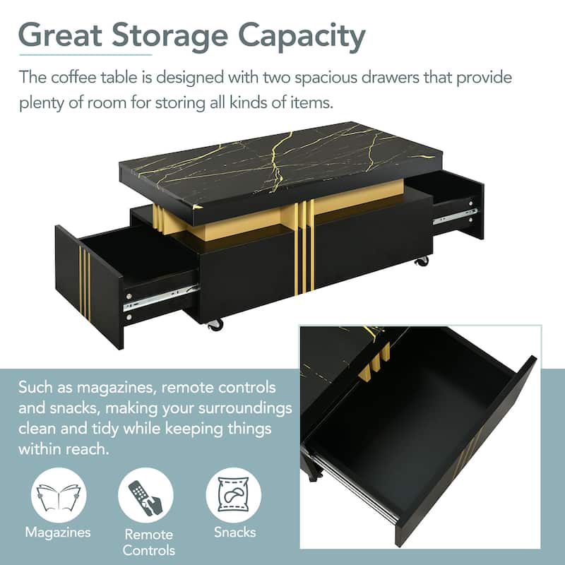 Roomfitters Rectangle Coffee Table with Faux Marble Top, Modern Center Table with Gold Metal Frame and Wheels