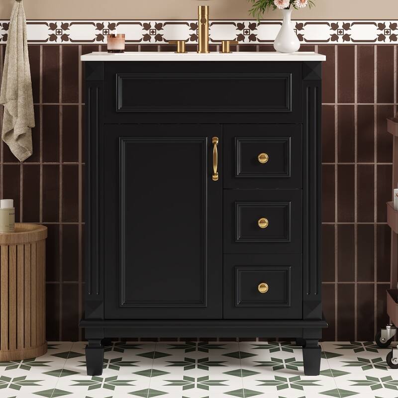 Bathroom Vanity with Ceramic Sink, Small Bathroom Storage Cabinet, Bathroom Vanities with 2 Drawers & Adjustable Shelf