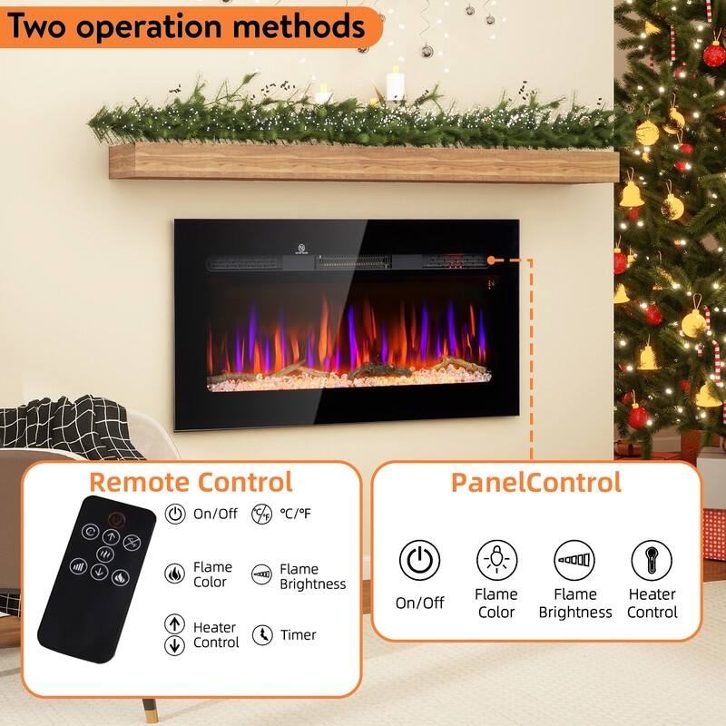 36/40/50/60 in. Wall Mount Recessed Electric Fireplace in Black, Remote Control, 8H Timer, Adjustable Flame & Brightness