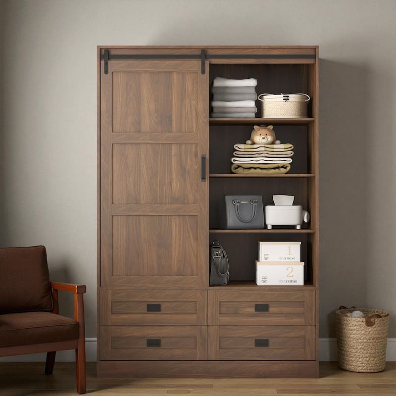Tall Armoire Wardrobe Closet with Hanging Rod Barn Door 4 Drawers and 3 Open Shelves MDF Bedroom Storage Cabinet - Wood