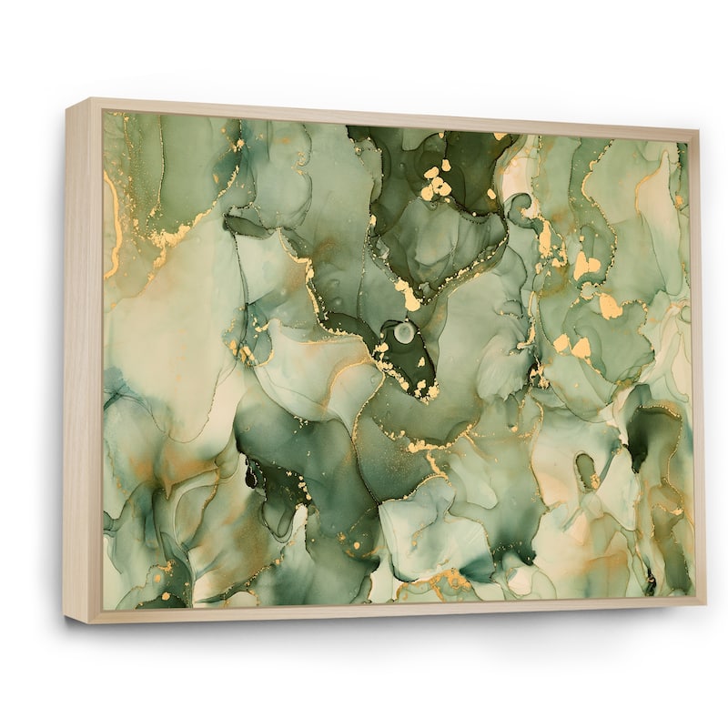 Designart "Green Luxury Abstract Fluid Art I" Modern Framed Canvas Wall Art Print - 32 in. wide x 16 in. high - Maple