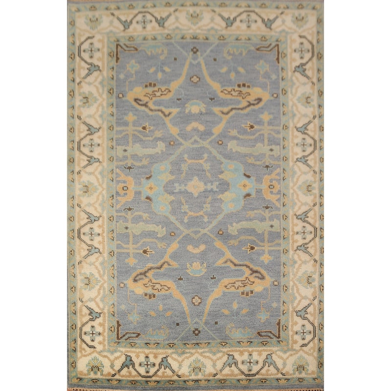 Light Blue Oushak Oriental Rug Handmade Wool Carpet - 4'2"x 5'11"