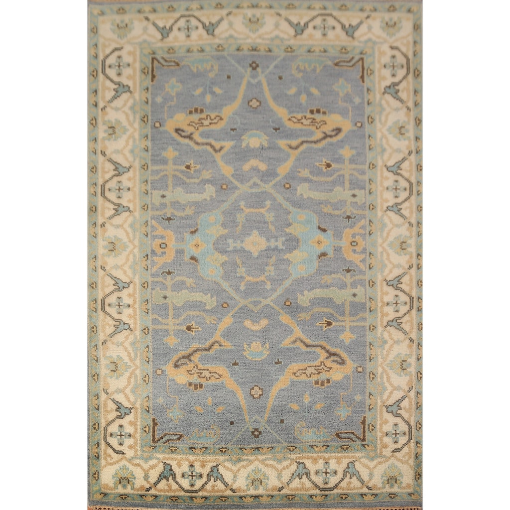 Light Blue Oushak Oriental Rug Handmade Wool Carpet - 4'2"x 5'11"