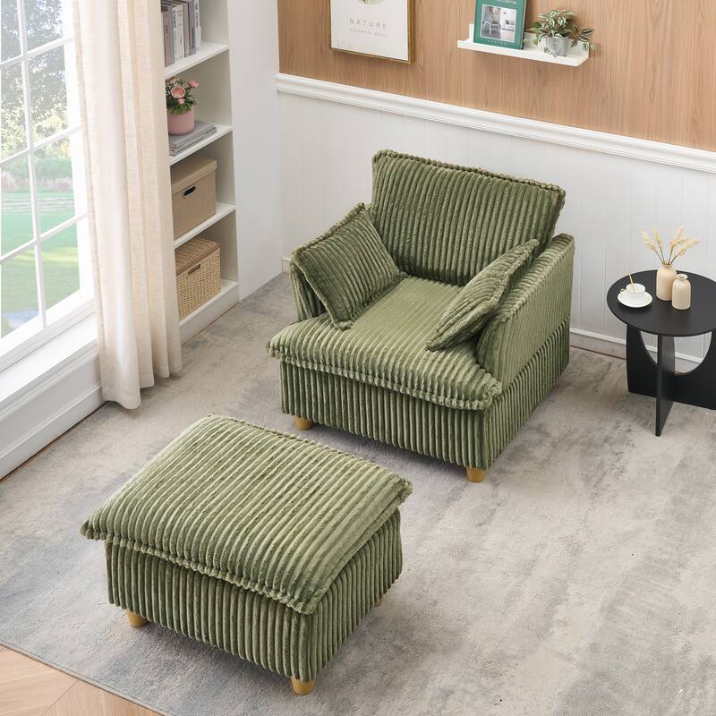 Single Sofa with Ottoman, Comfy Corduroy Upholstered Armchair, Lounge Chair with Throw Pillows for Living Room, Balcony - Green