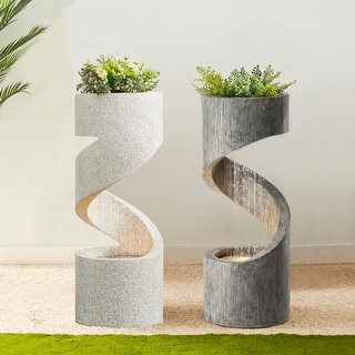 Glitzhome Modern Minimalist Spiral LED Polyresin Outdoor Fountain with Small Planter