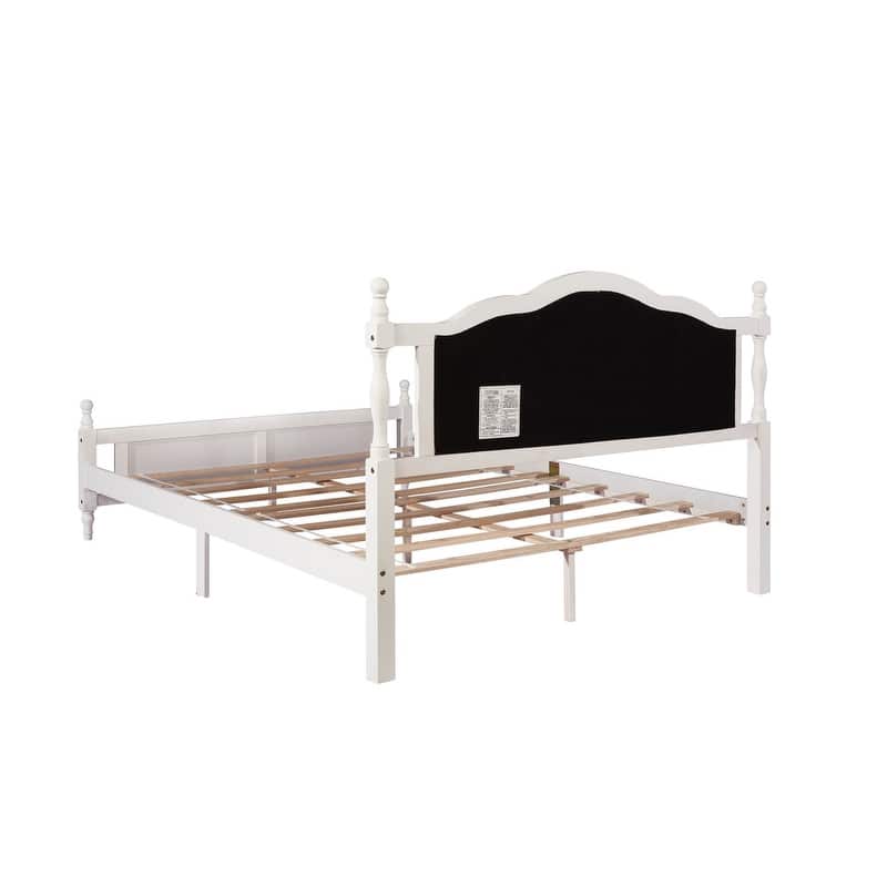 Pine Wooden Platform Bed with Upholstered Headboard and Panel Footboard,Queen Size