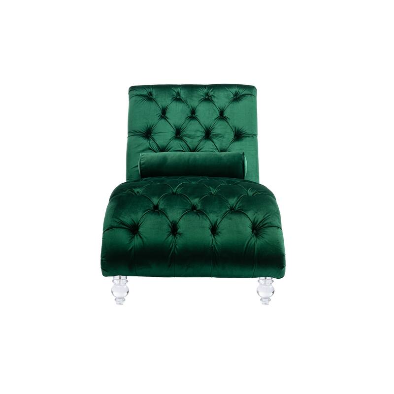 Velvet Tufted Chaise Lounge Chair Ergonomic S Shape Recliner with Pillow, Nailhead Trim and Acrylic Legs for Indoor Use