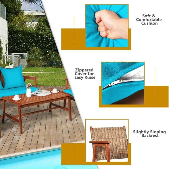 4 Piece Acacia Wood Patio Rattan Furniture Set with Cushions - 45" x 27.5"x 29.5" (L x W x H)