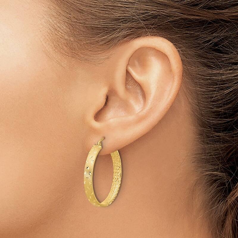 Curata 14k Yellow Gold Polished and Sparkle Cut In Out Hoop Earrings