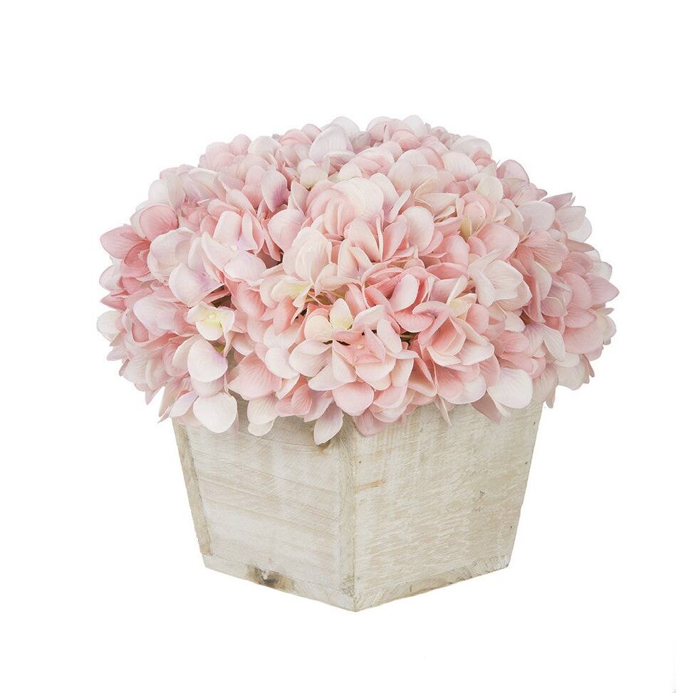 Faux Hydrangea in White Washed Wood Cube Planter
