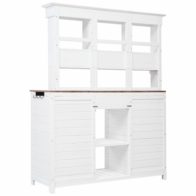 65.7'' Tall Garden Potting Bench - Patio Workstation with Hutch, 3 Shelves, 6 Drawers, 2 Cabinets & Side Hooks