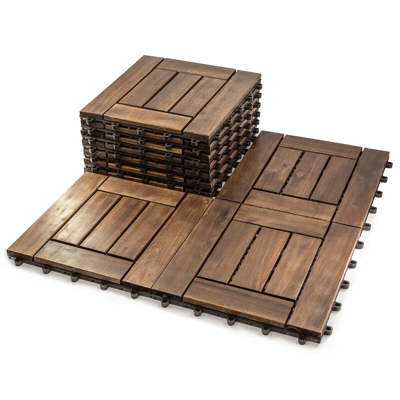 Anmytek Acacia Wood Interlocking Deck Tiles 12x12 Outdoor Flooring Patio Balcony Dark Brown Weather Resistant