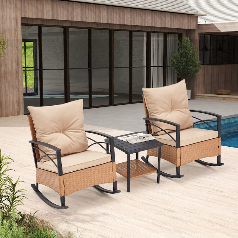 3-Piece Outdoor Rocking/Swivel Chair Set - PE Rattan Patio Furniture with Cushions & Coffee Table, Rocker Chairs for Backyard