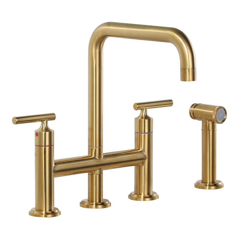 WOWOW Double Handle Bridge Kitchen Faucet with Side Sprayer - Brushed Gold