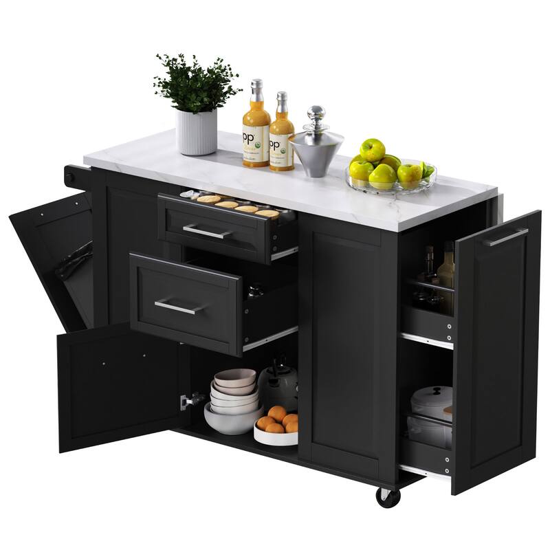 Retro Kitchen Island with Tilted Trash Can Cabinet, 2 Drawer Pull Out Cabinet Organizer and Folding Board, for Kitchen