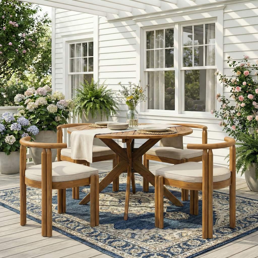 Christopher Knight Home - Seabrook Outdoor Acacia Wood 5-Piece Dining Set with Cushioned Chairs