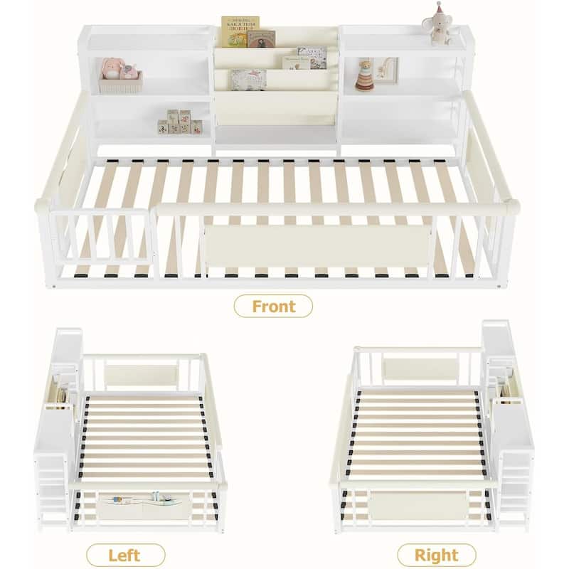 Twin Floor Bed for Kids with High Fence Door Storage Bookcase & Shelf