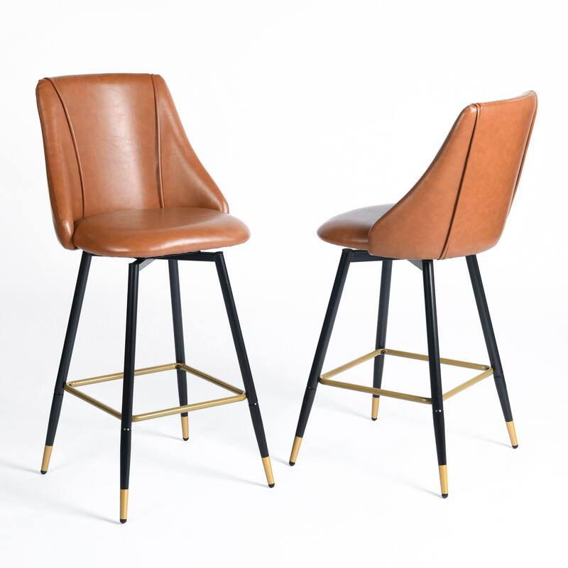 Homy Casa Set of 2 Faux Leather Counter Stools with Backrest and Gold-Tipped Metal Legs-Ideal for Modern Kitchens and Home Bars - Cognac