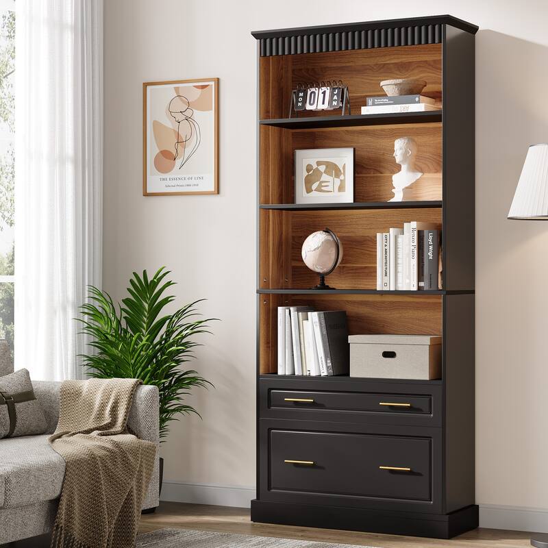 72" Tall White 5-shelf Bookcase Bookshelf with 2 Drawers - Black&Oak-1 PC