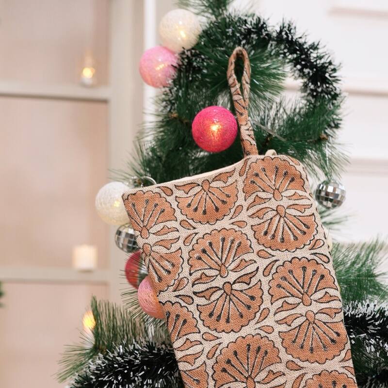 Fabdivine 16x6.5 Inches Hand Floral Block Print Christmas Stockings Tassle and Loop Perfect for Gift - 16"X6.5" - Bejini- Dark Brown - Christmas Stockings