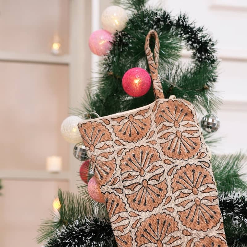 Fabdivine Handmade Christmas Stocking Floral Block Print 10X4.5 Inch Tassel Loop for Home Décor - 10"X4.5" - Bejini- Dark Brown - Christmas Stockings