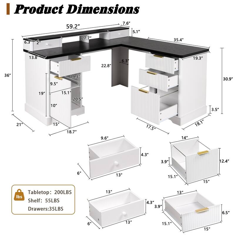 Roomfitters 59" Modern Fluted L-Shaped Desk with Charging Station, Monitor Stand & File Drawer