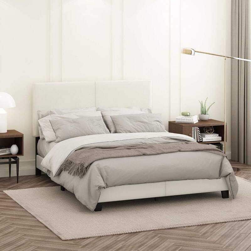 King Bed Frame Upholstered Black PU Leather Platform Bed Modern Glam Style