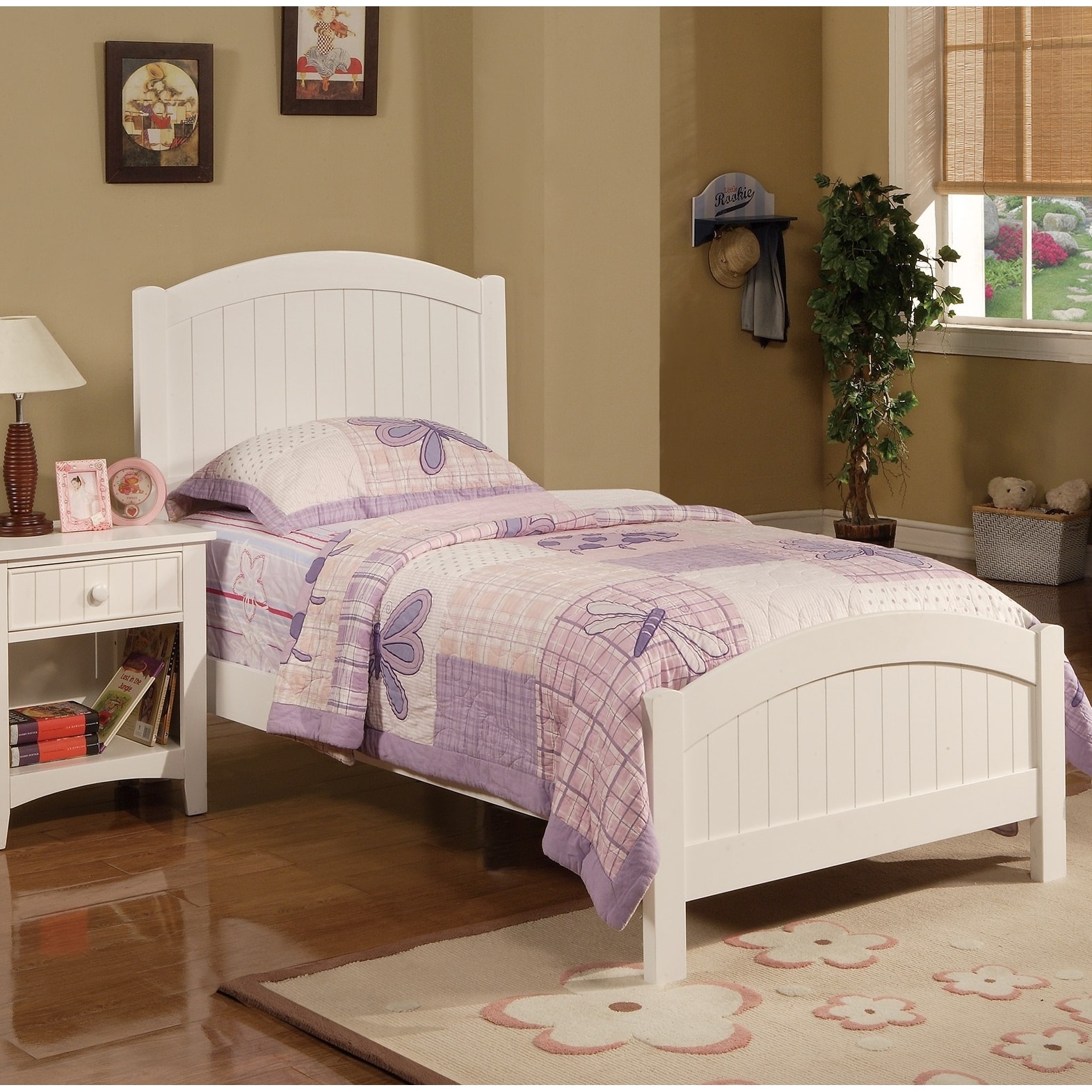 Twin Size Plywood Platform Bed with Vertical Line Carved Headboard