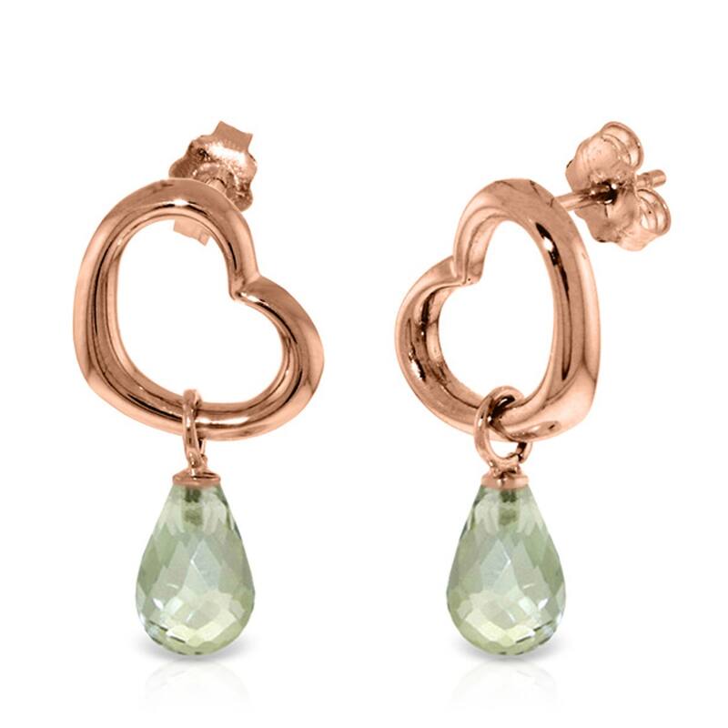 14K Solid Gold Heart Earrings w/ Dangling Natural Green Amethysts - Rose