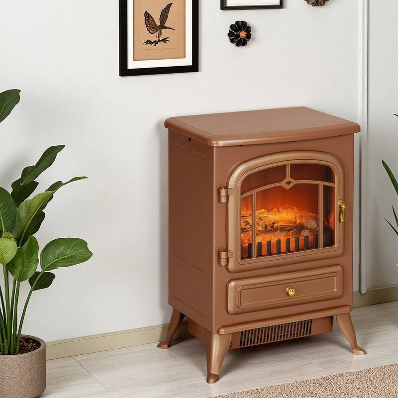 18"/22" Electric Fireplace Heater, Freestanding Stove with LED Flames, Overheating Protection, 750W/1500W, White/Red/Gray/Brown - Brown