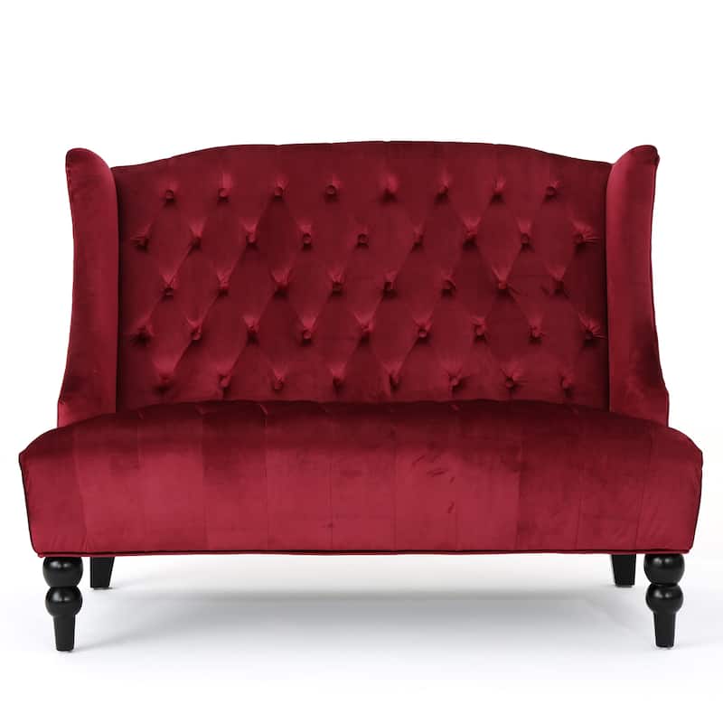 Wine Red 50.25" Velvet Button Tufted High Wingback Loveseat Sofa with Wood Legs for Living Room