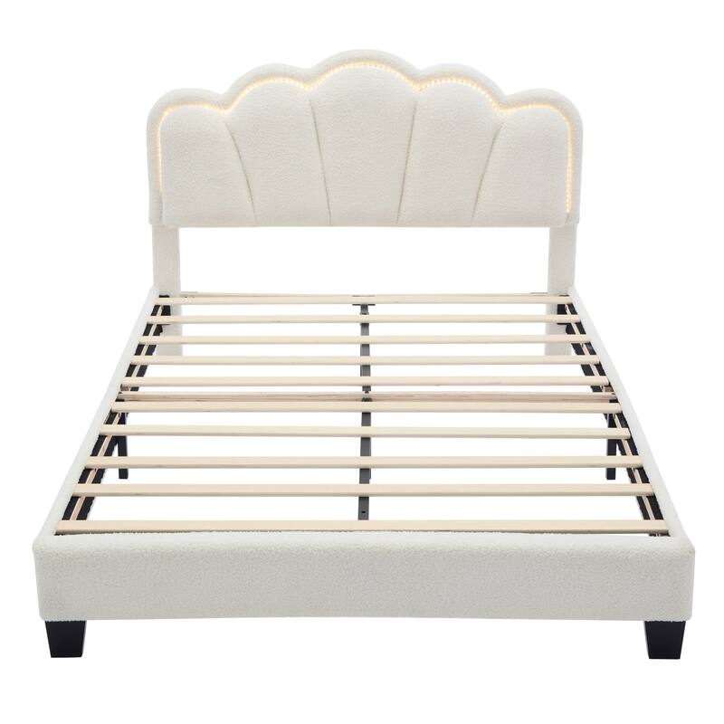 Sherpa Fabric Upholstered Platform Bed with Elegant Flowers Headboard and Wooden Slats Support