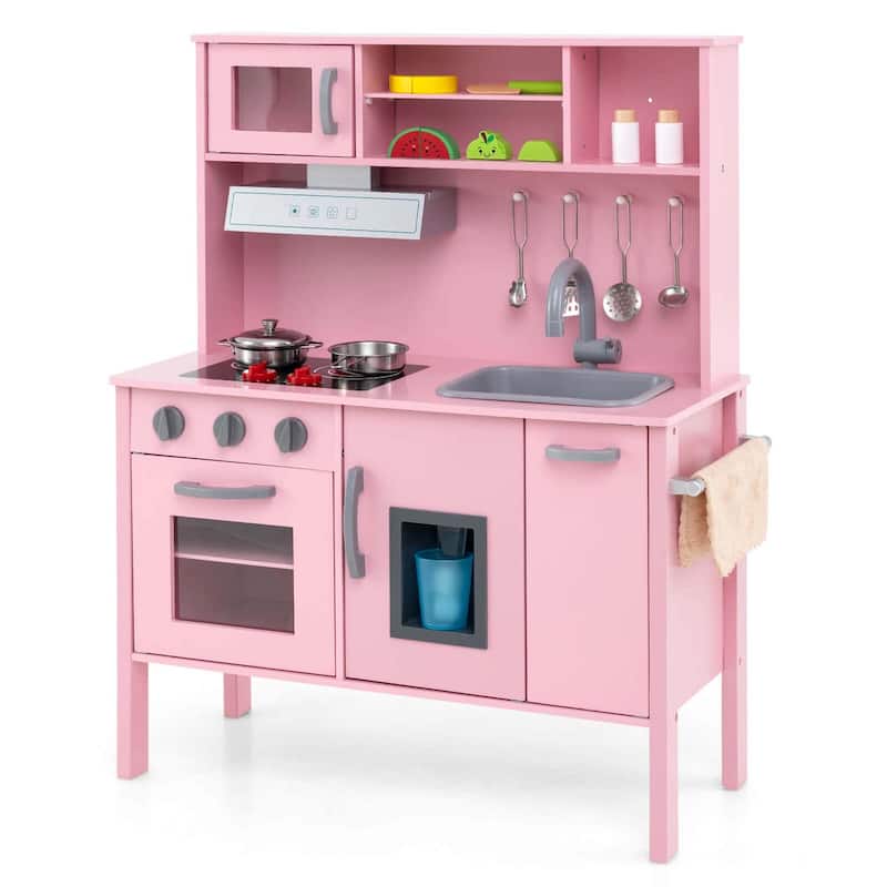Kids Kitchen Playset Wooden Pretend Play Toy Kitchen Set - Pink