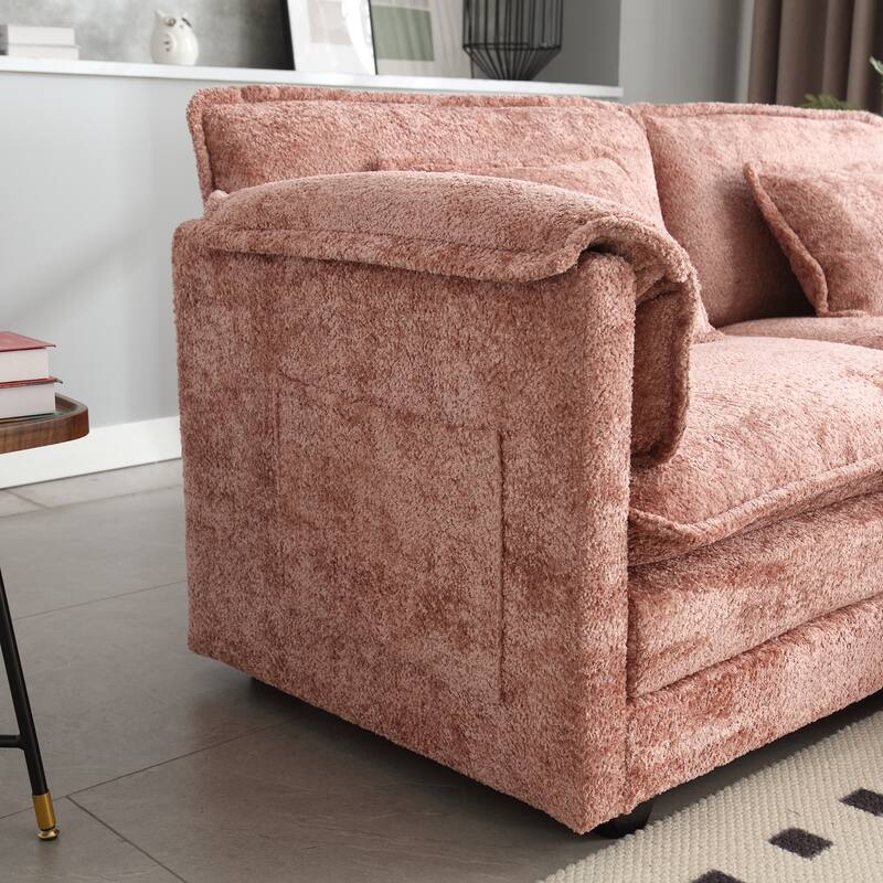Oversized Chenille Double Sofa with Footstool, Removable Armrests, Modern Couch with Side Storage