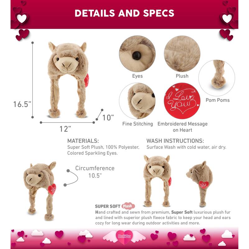 DolliBu I LOVE YOU Brown Llama Plush Hat - Cute Hat with Red Heart - 16.5 inches