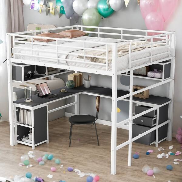 slide 2 of 14, Modern Full Size Metal Loft Bed with Bookcase,Desk and Cabinet and Storage Functions For Bedroom