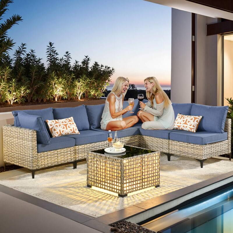 XIZZI 7-piece Outdoor Patio Furniture Rattan Wicker Modular Sofa Set with Table