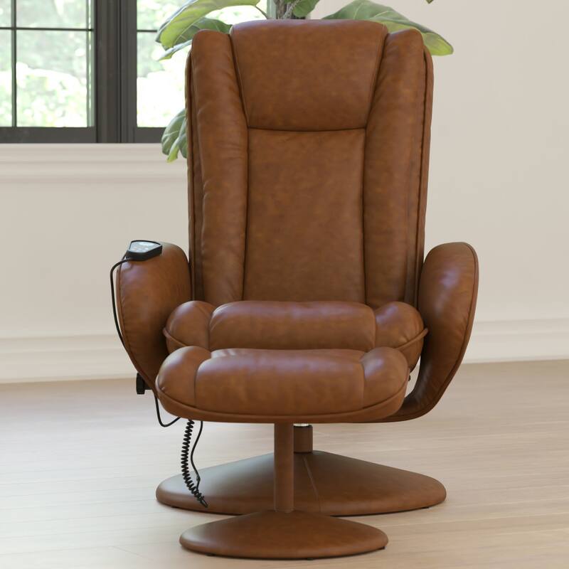 LeatherSoft Massaging Multi-Position Recliner w/Side Pocket & Ottoman
