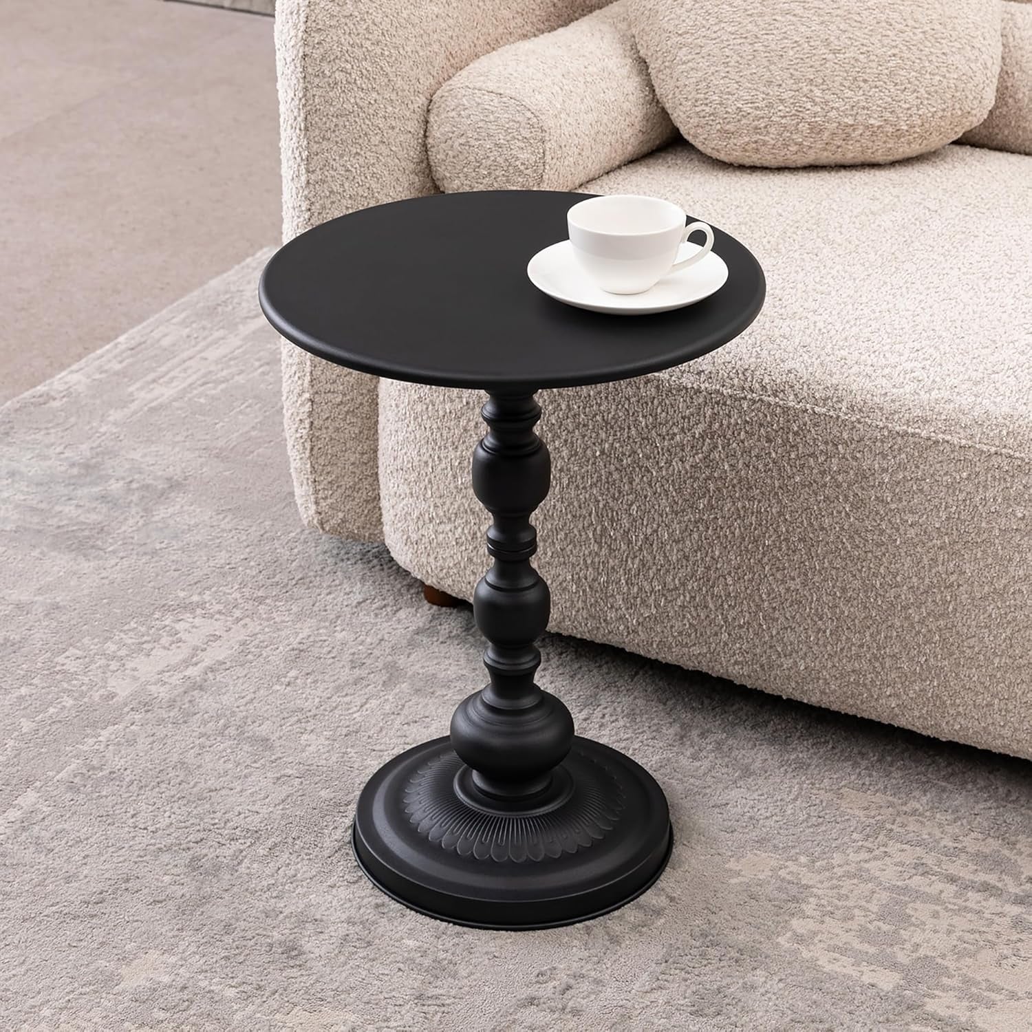 Modern Round Side Table with Metal Top and Wood Grain Texture for Living Room, Bedroom, and Small Spaces