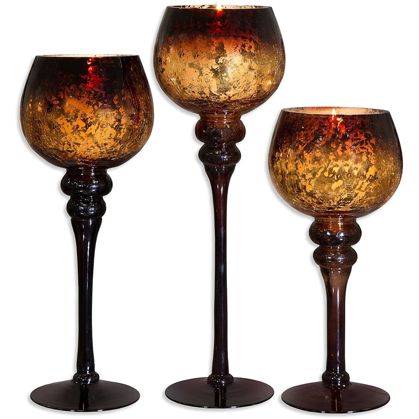 Set Of 3 Hurricane Candle Holders Amber Finish Palais Glassware