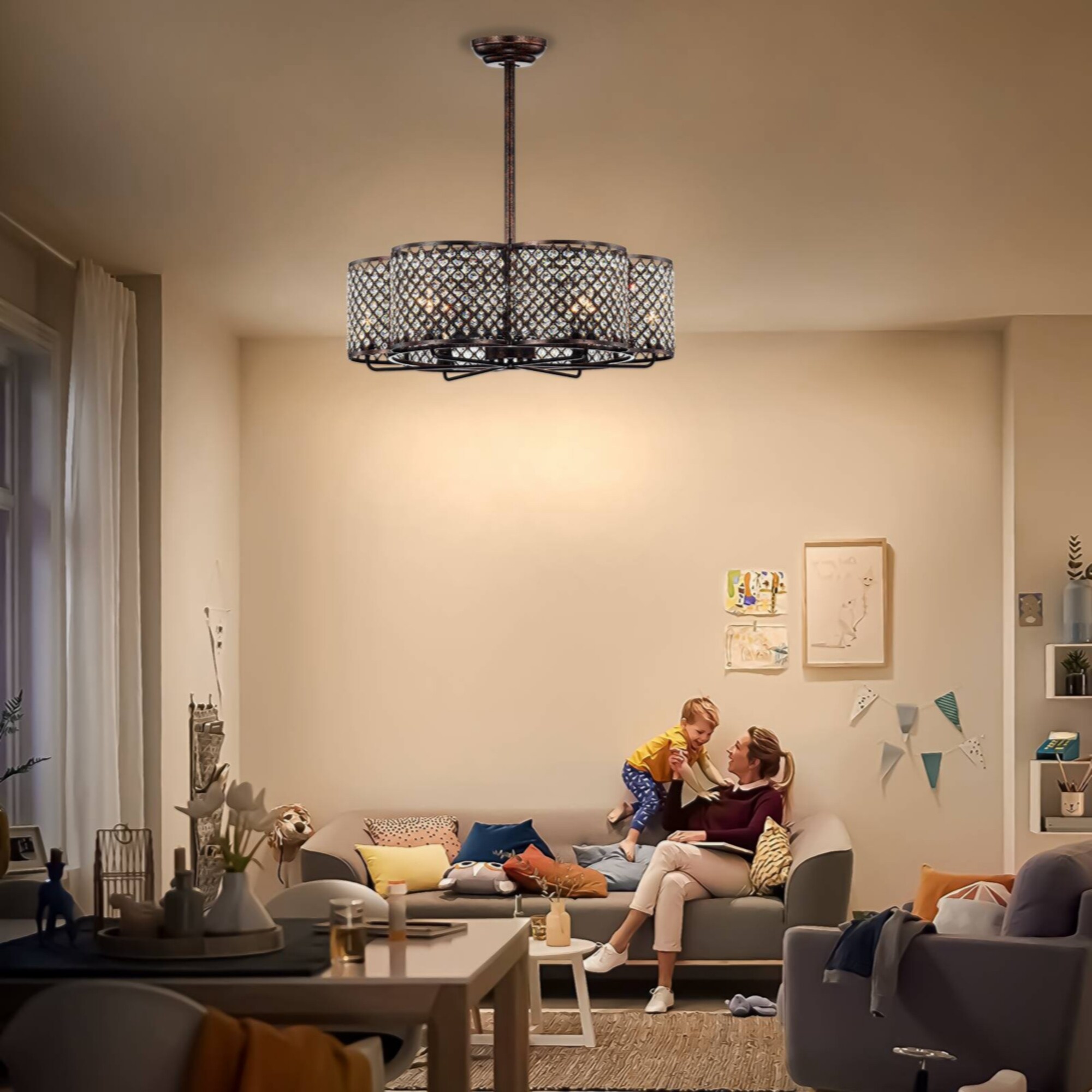 30-Inch Rustic Brown & Crystal Flower Lighted Ceiling Fan