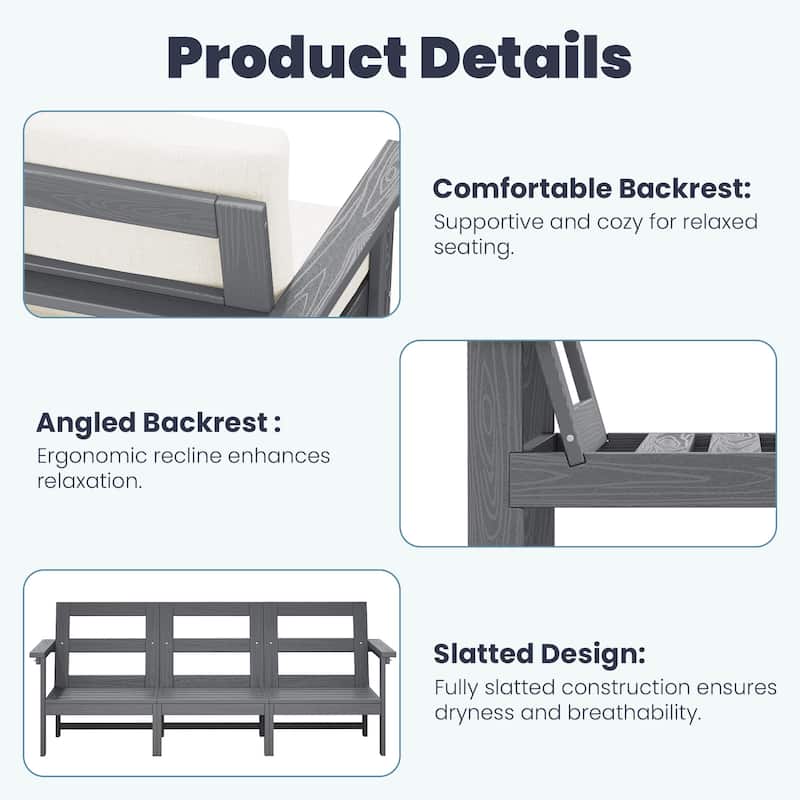 Outdoor Patio HDPE 3-Seat Sofa, 3 Removable Cushions Included
