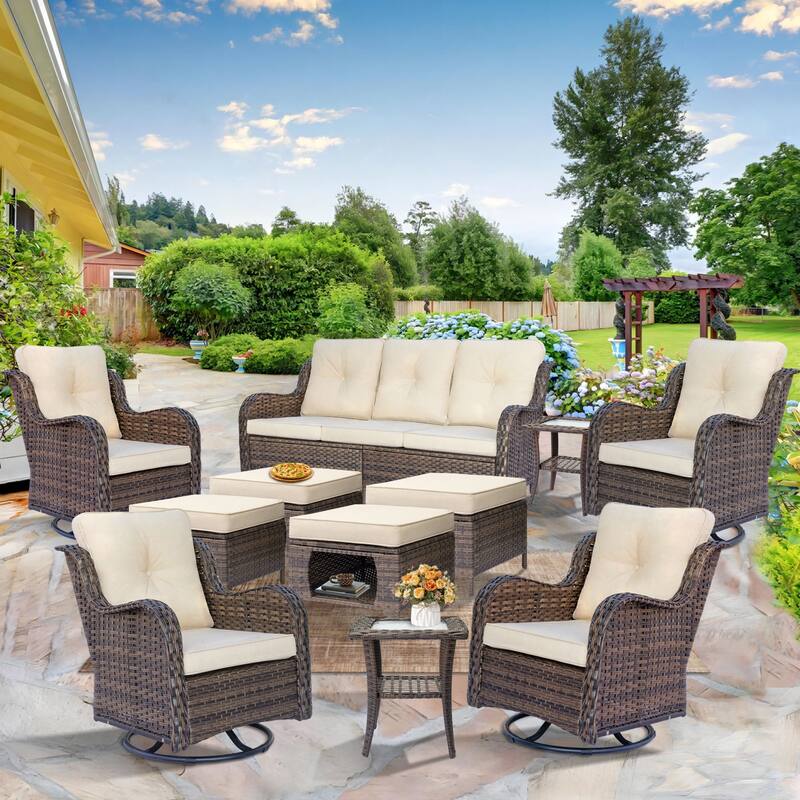 Wicker Outdoor Patio Furniture Seating Set with Swivel Rocker Chairs - 11 Piece - Beige