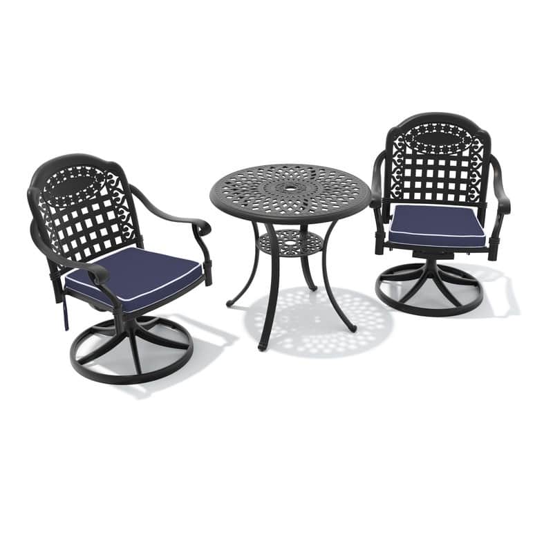 3-Piece Aluminum Round Outdoor Patio Dining Set, 2 Cushioned Swivel Chairs, Table, All-Weather Frames