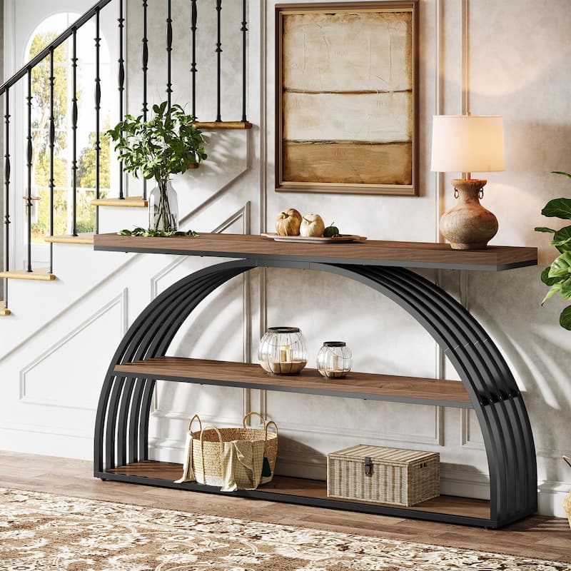 63 Inch Console Table, 3-Tier Entryway Table with Arched Metal Frame